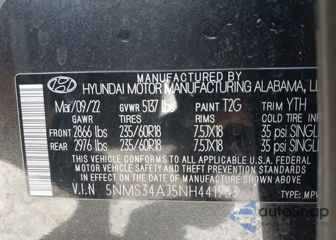 2022 Hyundai Santa Fe Sel z USA, uszkodzony, nr VIN 5NMS34AJ5NH441953